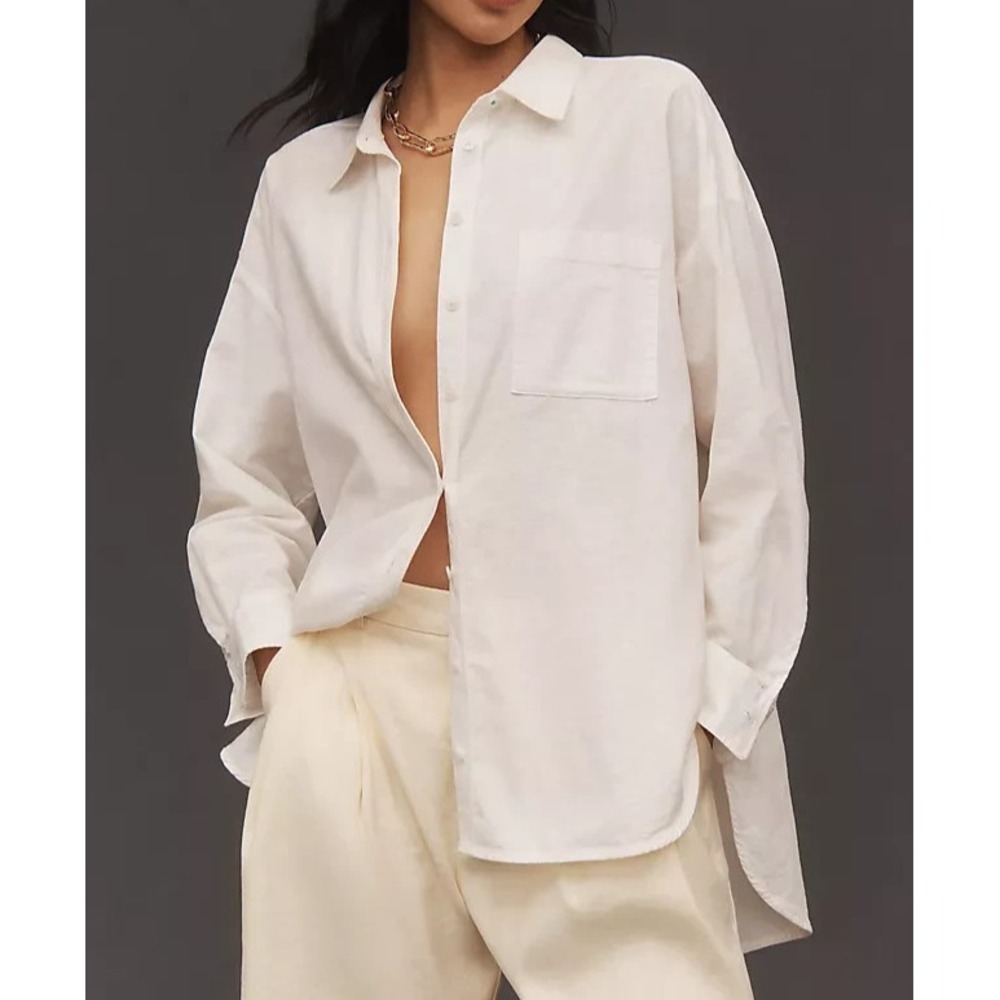 Anthropologie Maeve Linen Button down Shirt preppy boho Y2K White XS Pet A008063